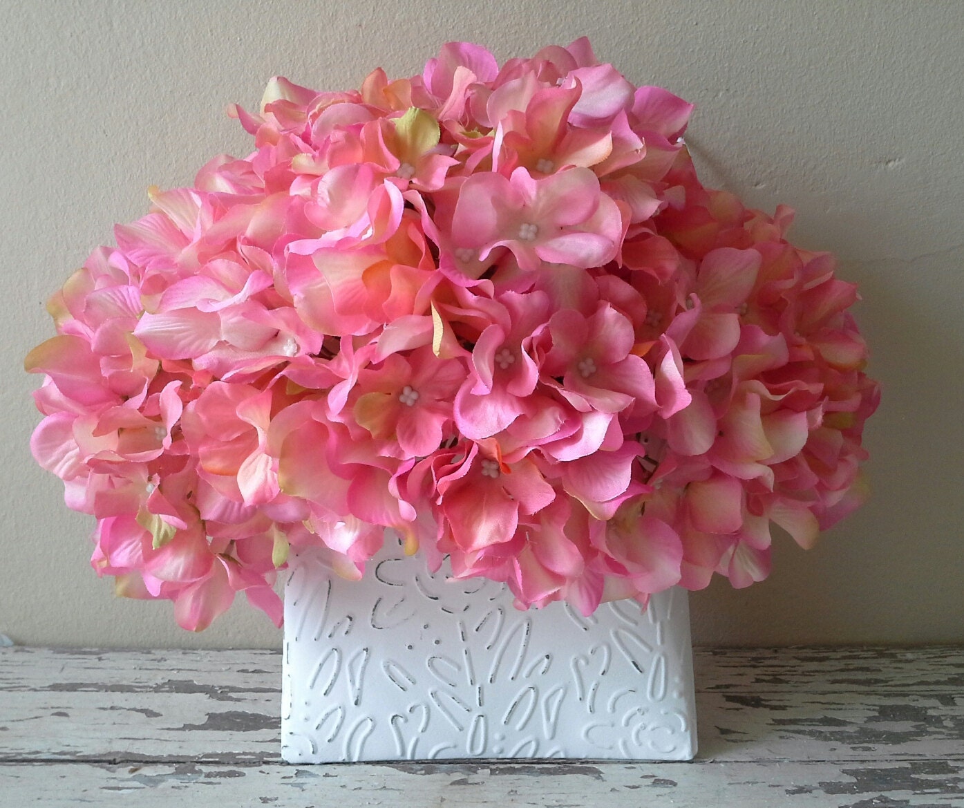 Wreath, Flower Arrangement, door pocket, Mothers day, Silk flowers, pink hydrangeas, Cottage chic home decor