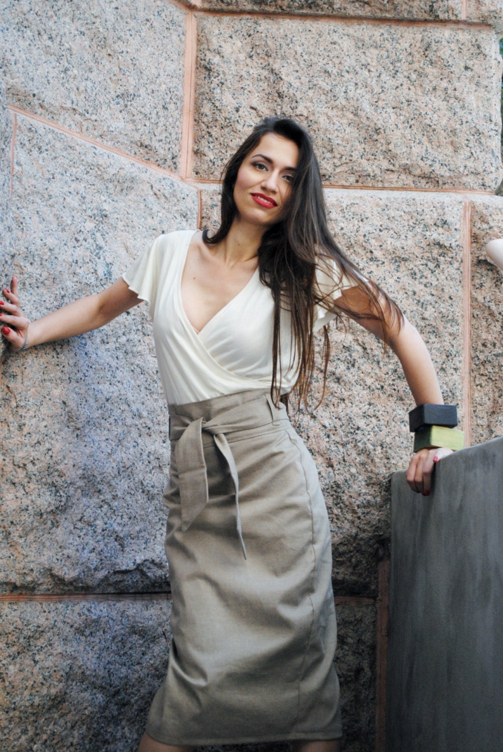 Khaki High Waist Pencil Skirt Womens Clothing in Distressed Khaki Beige Twill Custom Made