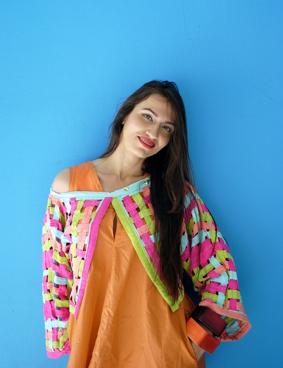 Colorful Basketweave Jacket Womens Clothing in Blue Pink Green Orange