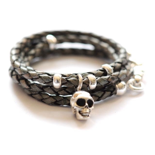 Leather wrap bracelet with sterling silver skull bracelet