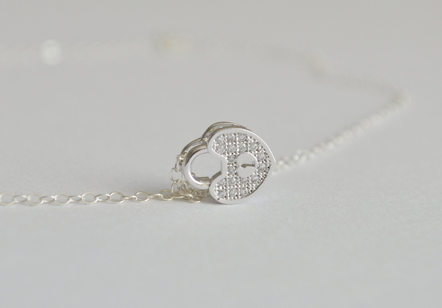 Heart Rhinestone Necklace - sterling silver tiny lock little small charm pave - simple & sweet - adenandclaire
