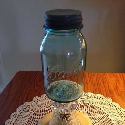 Repurposed Up Cycled Ornate Vintage Blue Ball Quart Jar Pedestal Flower Vase or Candle Holder