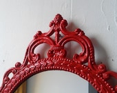 Ornate Oval Mirror in Vintage Metal Frame - 17 x 12 inch Handpainted Brass in Lipstick Red