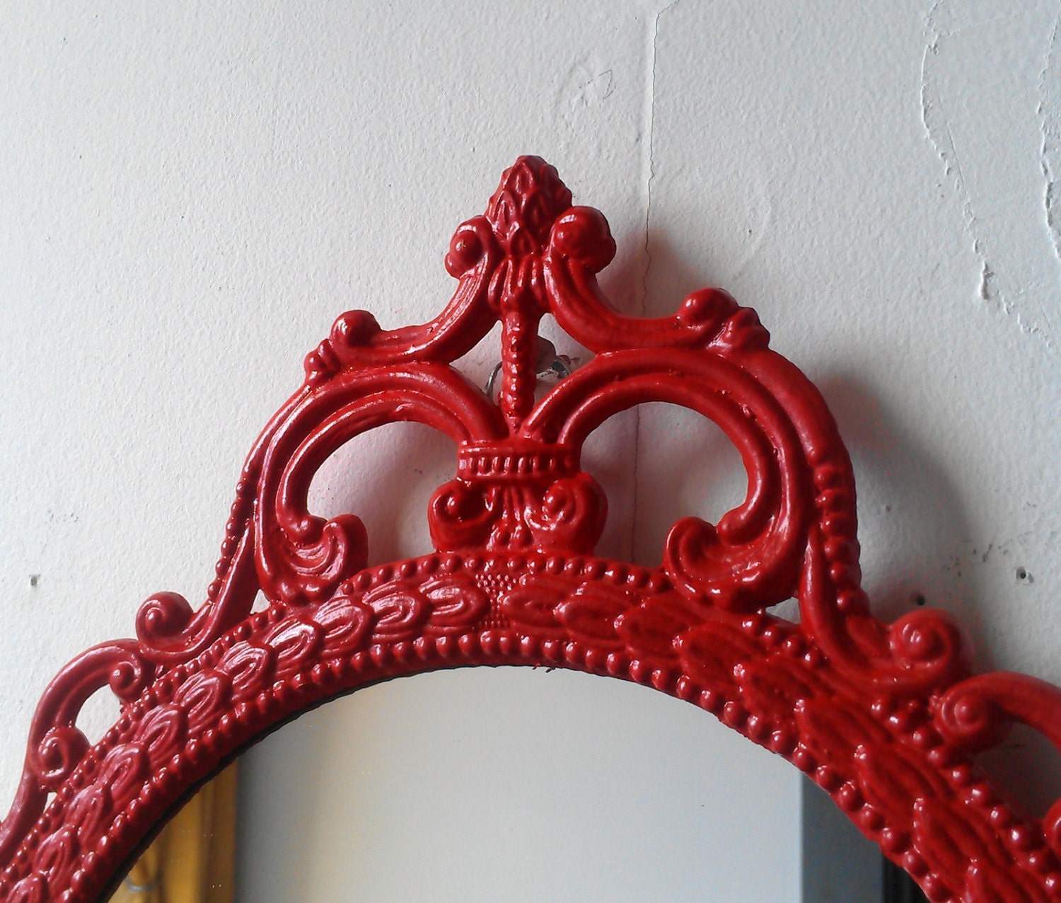 Ornate Oval Mirror in Vintage Metal Frame - 17 x 12 inch Handpainted Brass in Lipstick Red