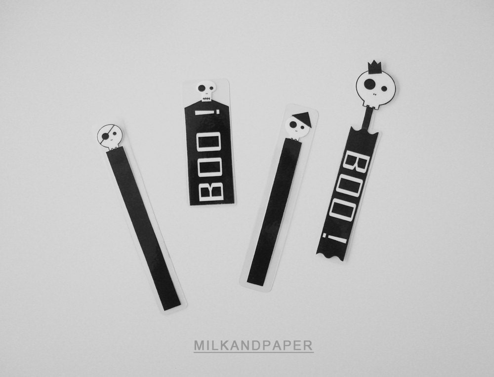 Pirate, Zombie, Chinese, Queen Skull Laminated Bookmark set - Black and White- Halloween