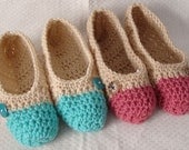 Crochet Slippers Womens  Two Tone Flats Natural and Pink