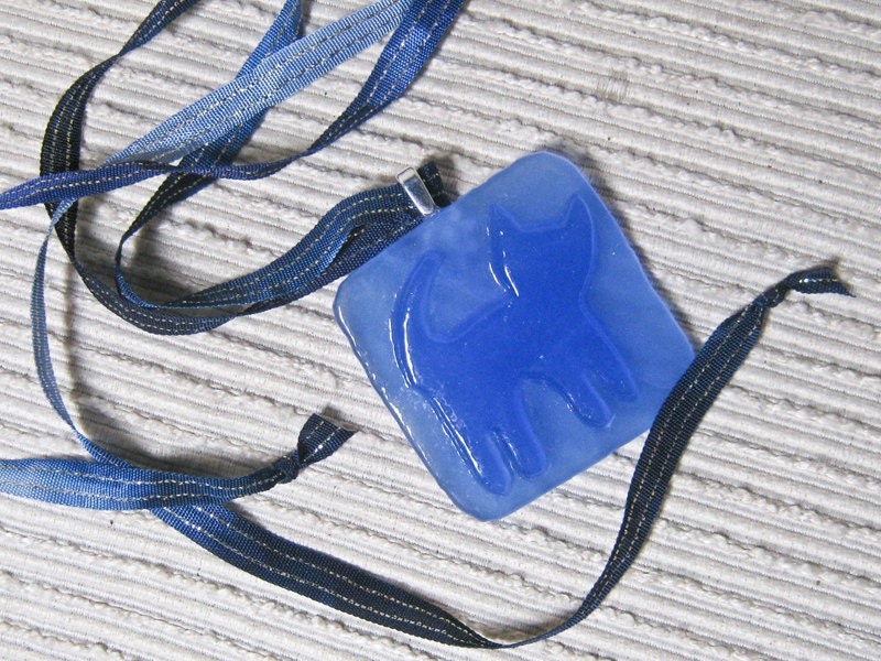 Fused Glass CAT Pendant / Square Focal Bead / OOAK Necklace - Bright Blue Feline on a Hand-dyed Ribbon