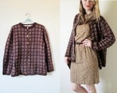 vintage 1960s Sweater Cardigan // Chocolate Brown // Square Grid Print // Button // Grandma // M/L