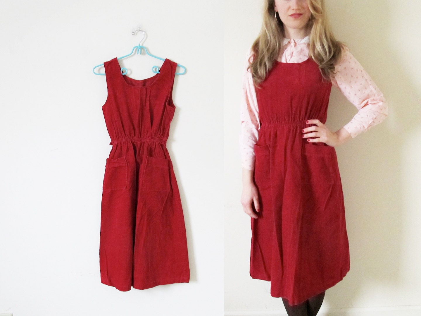 vintage 1970s dress // red corduroy // simple jumper // patch pockets // size extra small xs