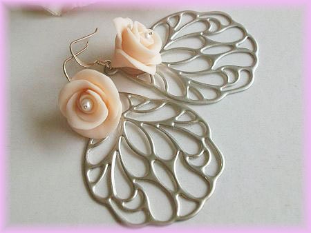 Silver Buterfly Wings Filigree Medallion Earrings with Polymer Clay Roses, Wedding, Birthday, Mothers day gift