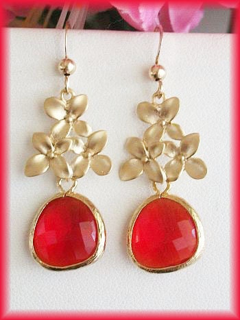 Gold Cherry with Ruby Red Glass Quartz Drop Dangle Earrings by AnnTig, Birthday gift, Anniversary