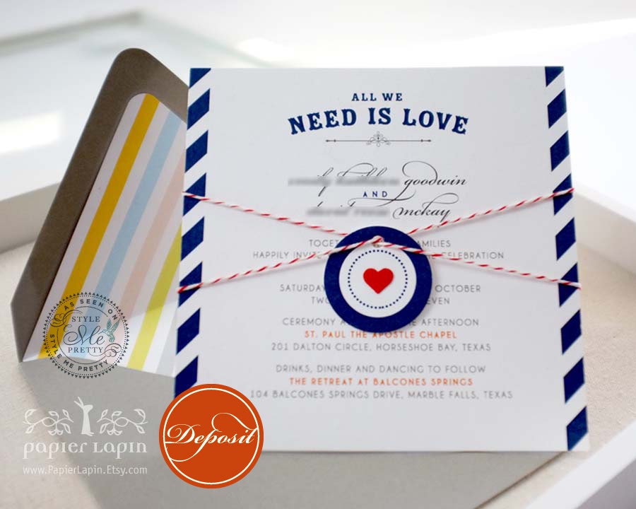 Cross My Heart // Blue stripes, eco-friendly wedding invitation, hand-tie baker's twine in white and red // DEPOSIT