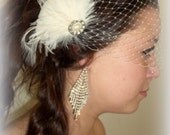 Bridal Fascinator and french net bandeau veil - 2 pice set - feathered fascinator bridal hair clip, bridal wedding special occasion