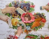 antique victorian scrap - 9 pieces - embossed - circa early 1900s - hands, birds, sentiments, flowers