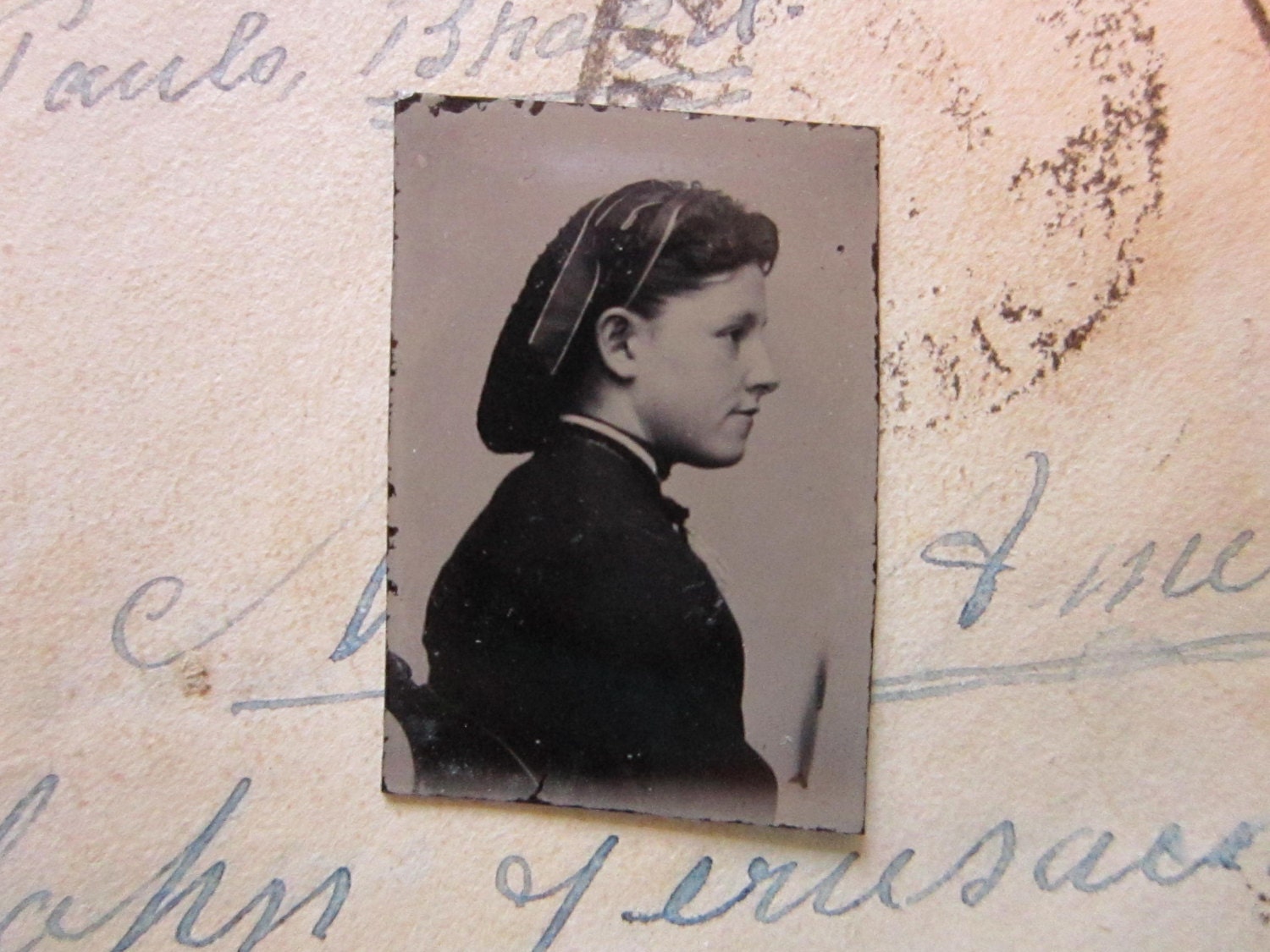 miniature GEM tintype photo - young woman PROFILE - GTE01