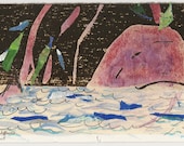 Purple Whale in Sea at Night - 11" x 17" - Print of an original Mixed Media: watercolor, acrylic, ink, tape by Stacey A Fleming