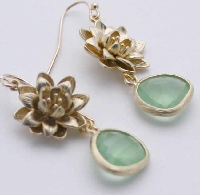 Mint Green Earrings, Gold Earrings, Bridal Jewelry, Friends Birthday