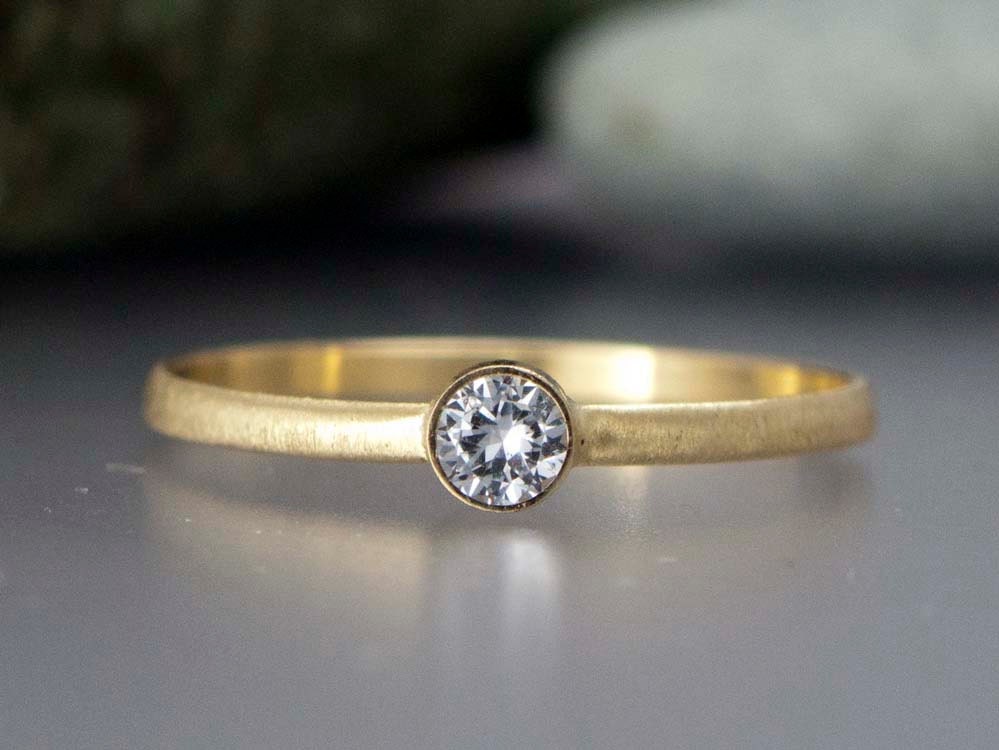Alternative Engagement Ring, White Sapphire and 14k Yellow Gold Ring - 3mm Stone on a 1.5mm Wide Half Round Band
