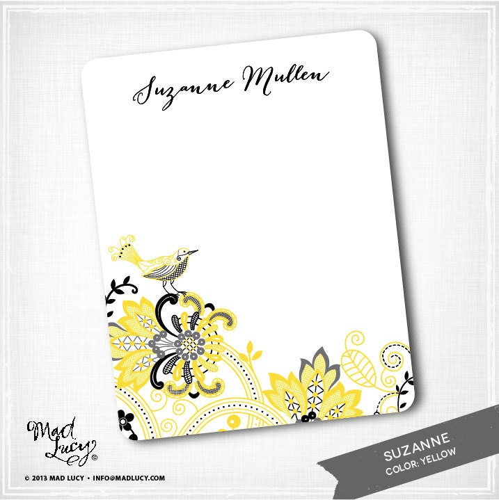 SUZANNE - personalized notecard set / FLORAL / BIRD / 10 cards & 10 envelopes