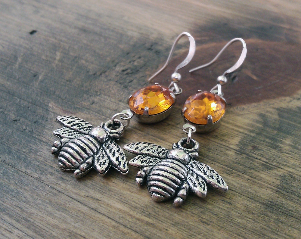 Topaz Rhinestone Dangle Earrings with Silver Bee Charms