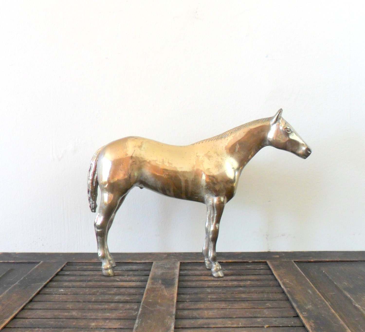 vintage large brass horse figurine - equestrian - ranch - compostthis