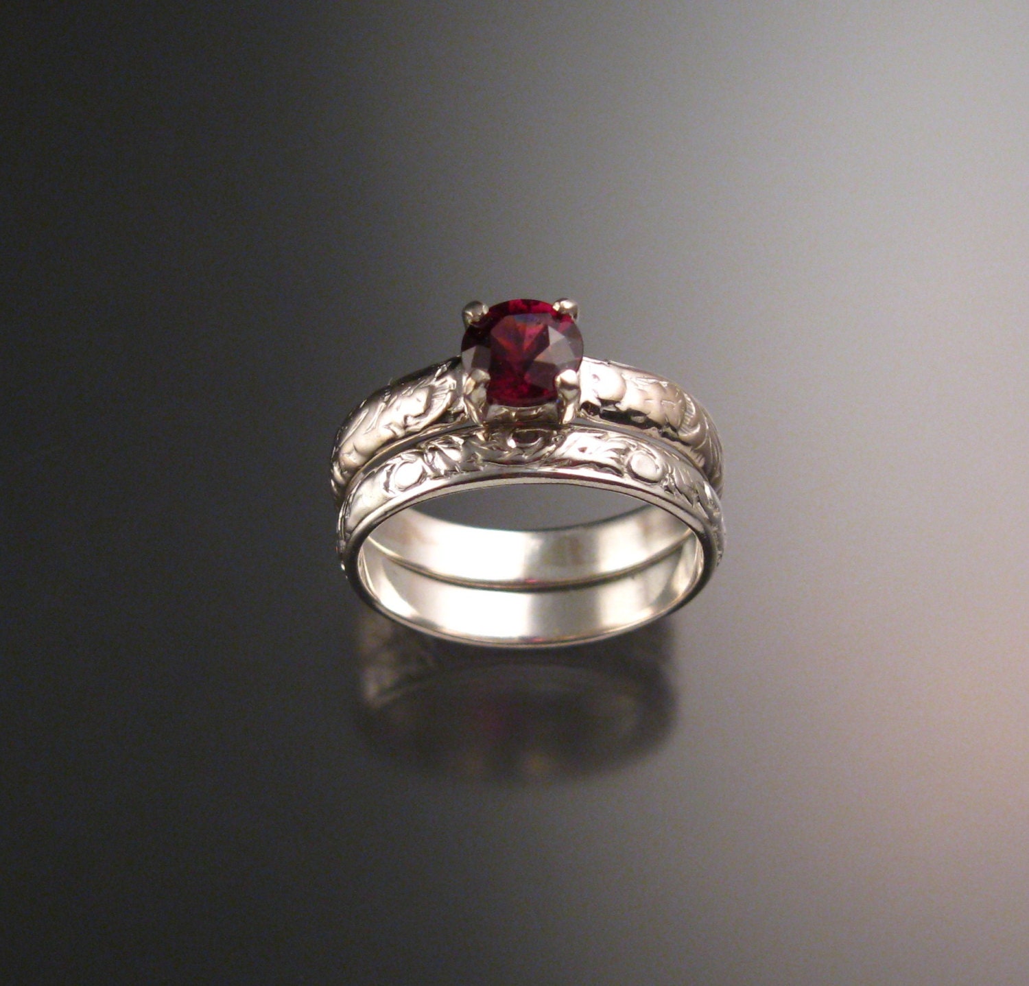 Natural Raspberry Rhodolite Garnet Wedding set 14k White Gold Ruby substitute ring made to order in your size