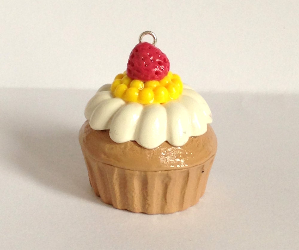 Lemon Raspberry Tart Buttercream Cupcake Charm Pendant Yellow Pink Cream