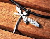 Black leather necklace jewelry with silver plated dragonfly charm and lobster clasp