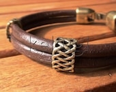 unisex men women brown leather  bracelet with texture bronze spacers and clasp