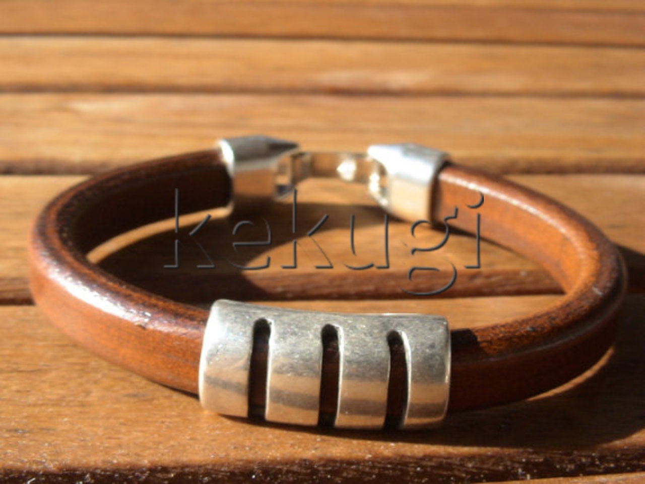 camel brown mens leather bracelet with sterling silver plated tube spacer