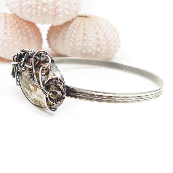 Bangle silver bracelet , jasper bracelet , wirework jewelry , March birthstone jewelry