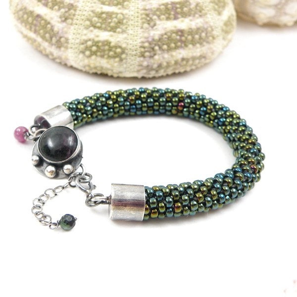 Beads crochet rope bracelet, sterling silver rope bracelet, metalwork bracelet, beadwork jewelry, beaded green bracelet, gemstone jewelry