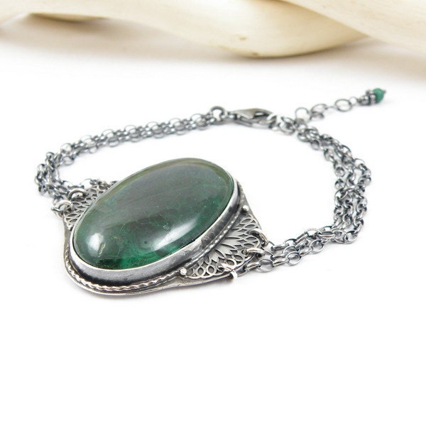Retro metalwork bracelet , gemstone fine jewelry , sterling silver vintage look jewelry , green malachite bracelet