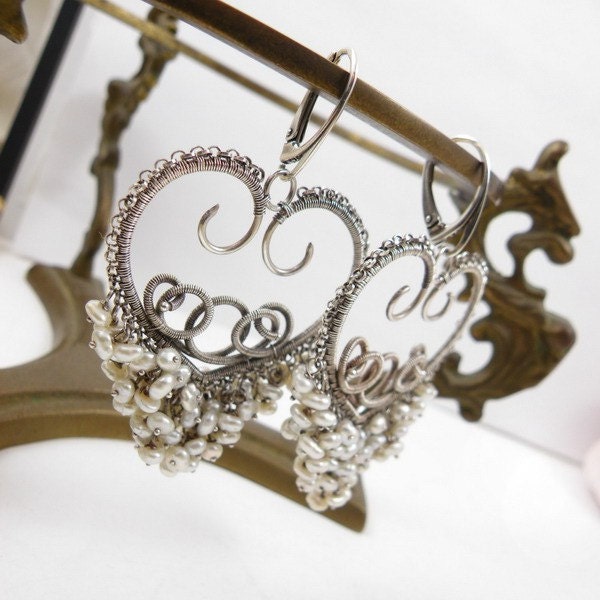 Bridal silver wire wrapped earrings , white pearls , wedding jewelry , birthstone jewelry , wirework earrings