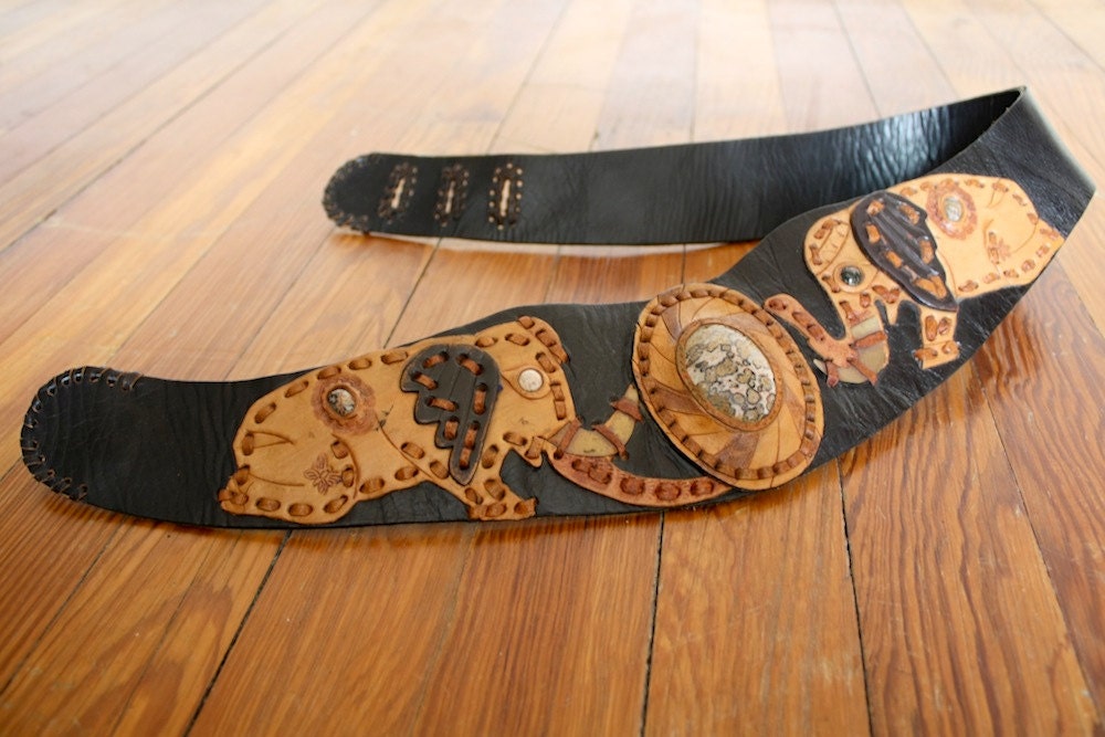 Vintage 1980s Leather African Safari Elephant Belt