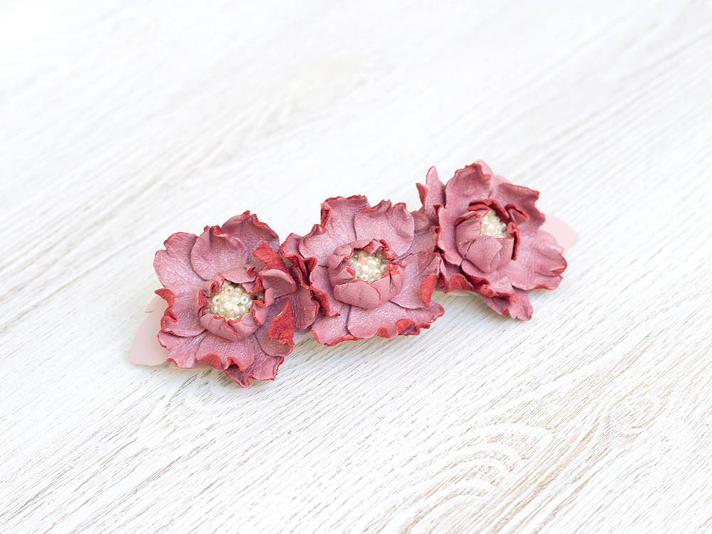 Pink leather flowers french barrette hair clip