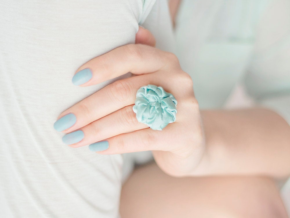 Mint green fabric rosette ring Weddings Bridal Bridesmaids Fibre Art Flower