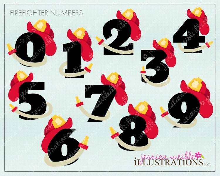 Firefighter Numbers Cute Digital Clipart for Invitations, Card Design, Scrapbooking, and Web Design, Firefighter Clipart Il_570xn