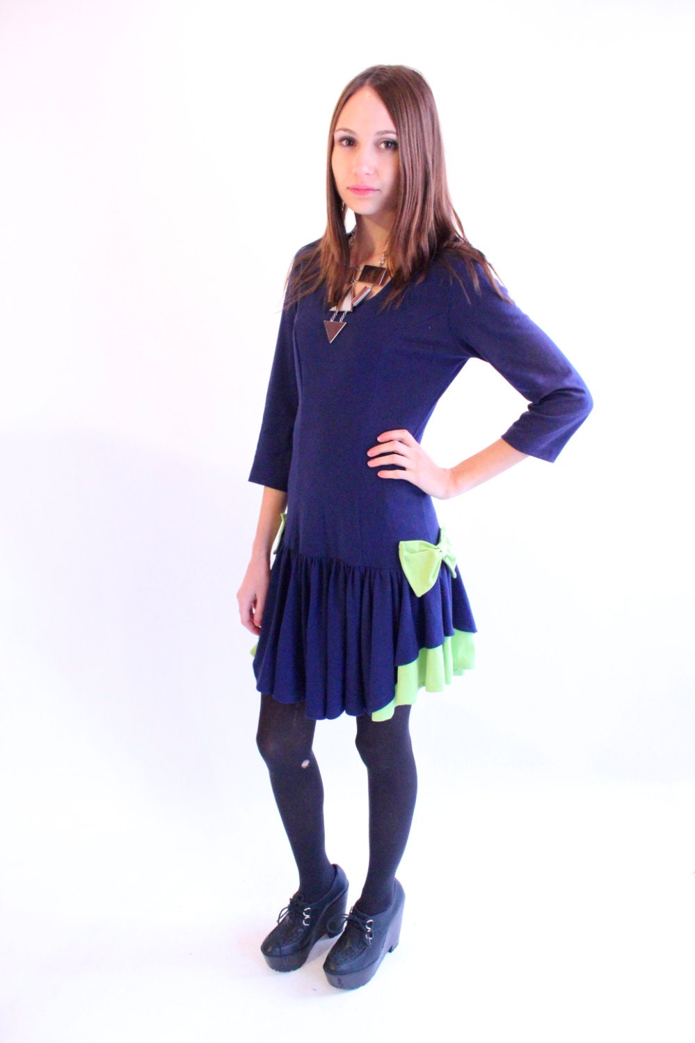 NEON NOTIONS 80s Navy Blue Neon Green Pretty Bow Drop Waist Mini Babydoll Dress