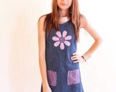 LAZY DAISY 70s Handmade Denim Groovy Purple Flowers Mini Jumper Dress