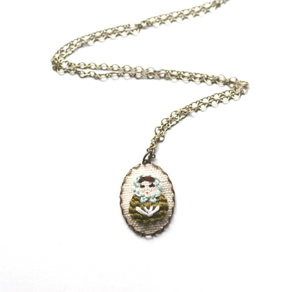 Matriyoshka: AQUA and OLIVE medium hand embroidered nesting doll necklace