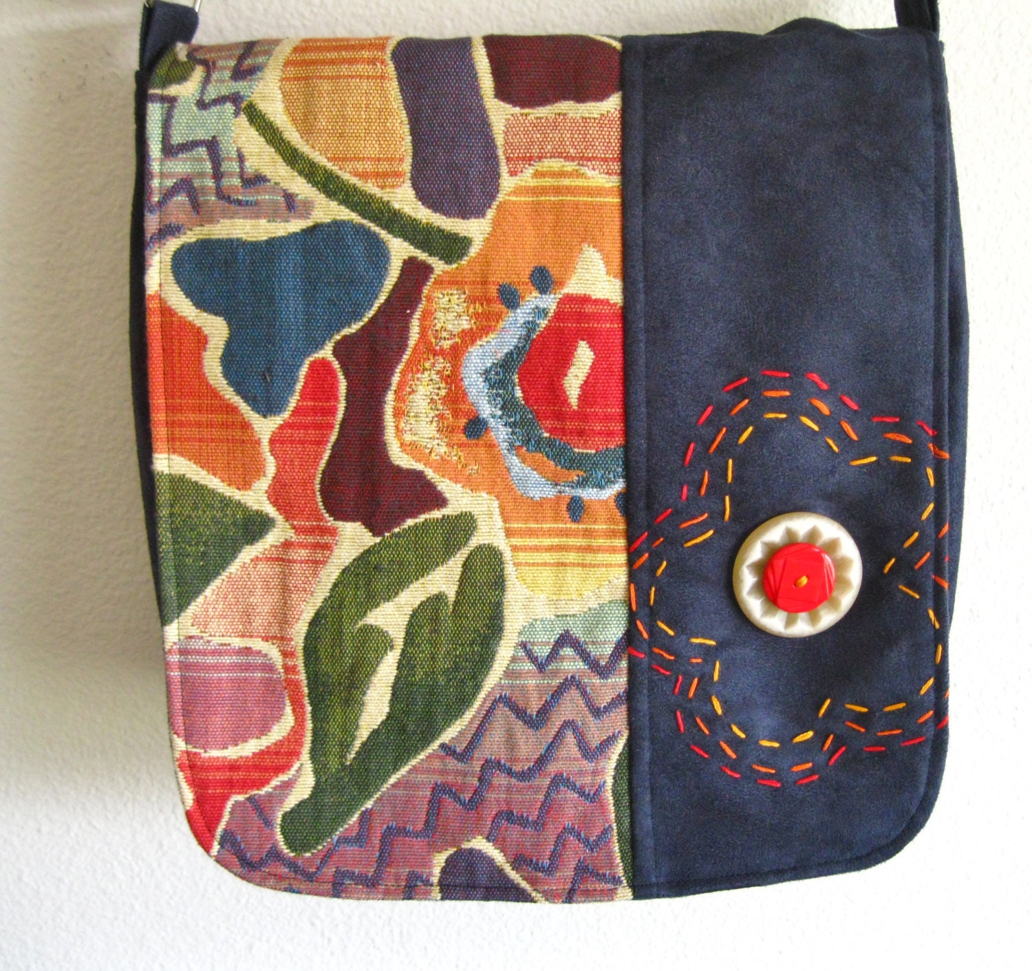 fabric handbag, bright floral, red, yellow, green, blue