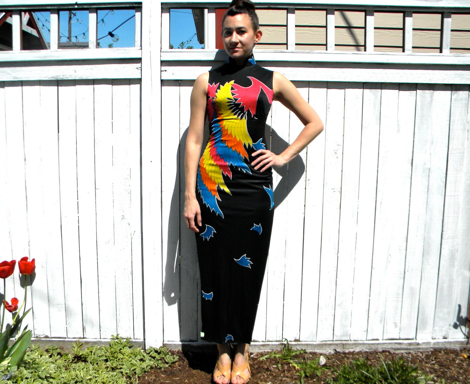 Colorful Print 70s Asian Inspired Maxi Dress, Party Dress