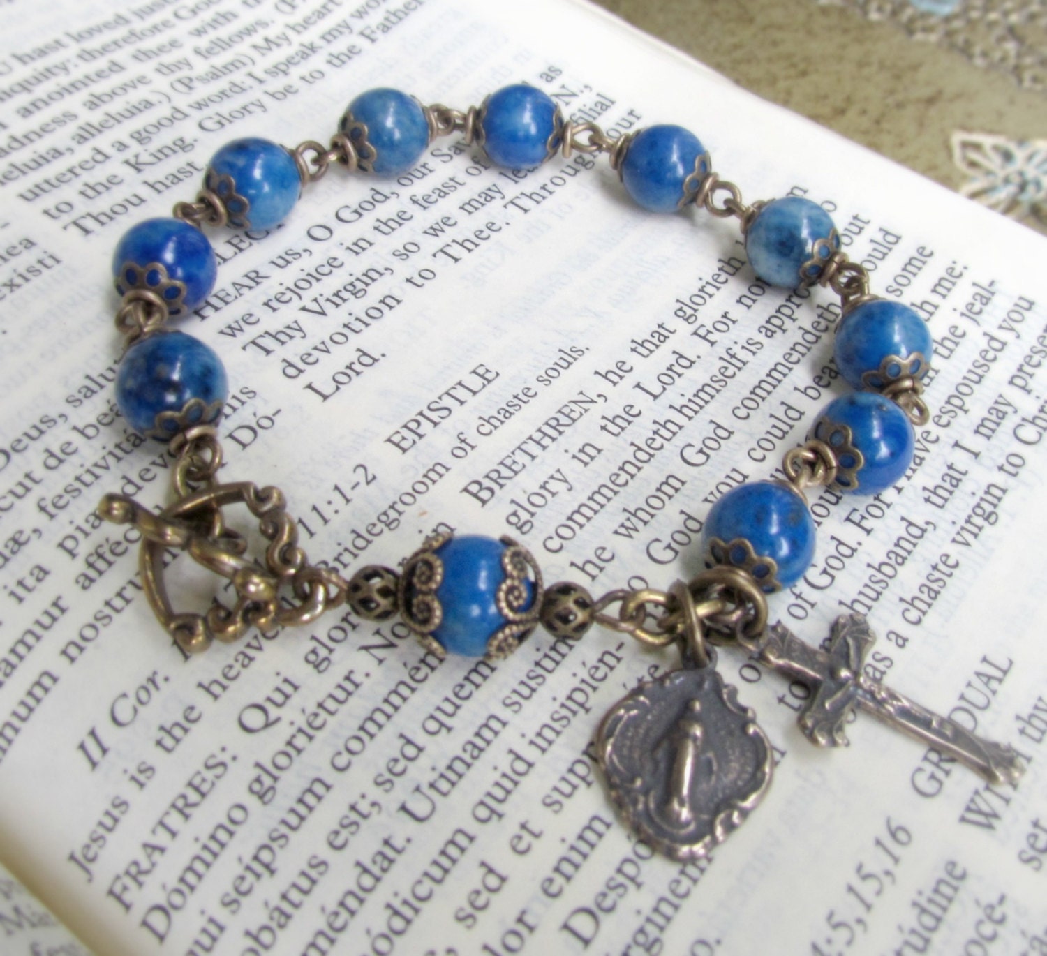 Reserved for Nora -  Denim Lapis Lazuli Rosary Bracelet with Bronze Crucifix Miraculous Medal