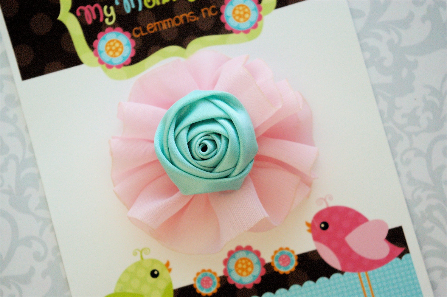 Pink and Aqua Hair Clip - Satin Rosette Hair Clip - Girls Hair Clip, Toddler Hair Clip, Baby Hair Clip