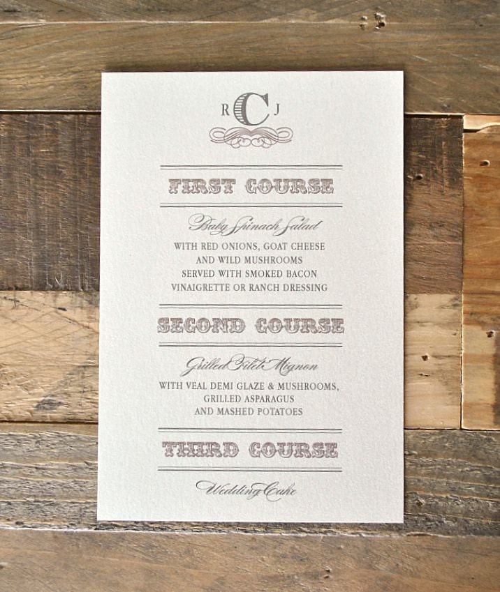 Miranda Wedding Menu Card with Vintage Luggage Tag Look (pictured in ivory, stone and silver)