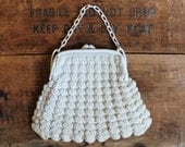 30s purse - vintage 1930s crocheted handbag - bridal purse - celluloid handle - snow white