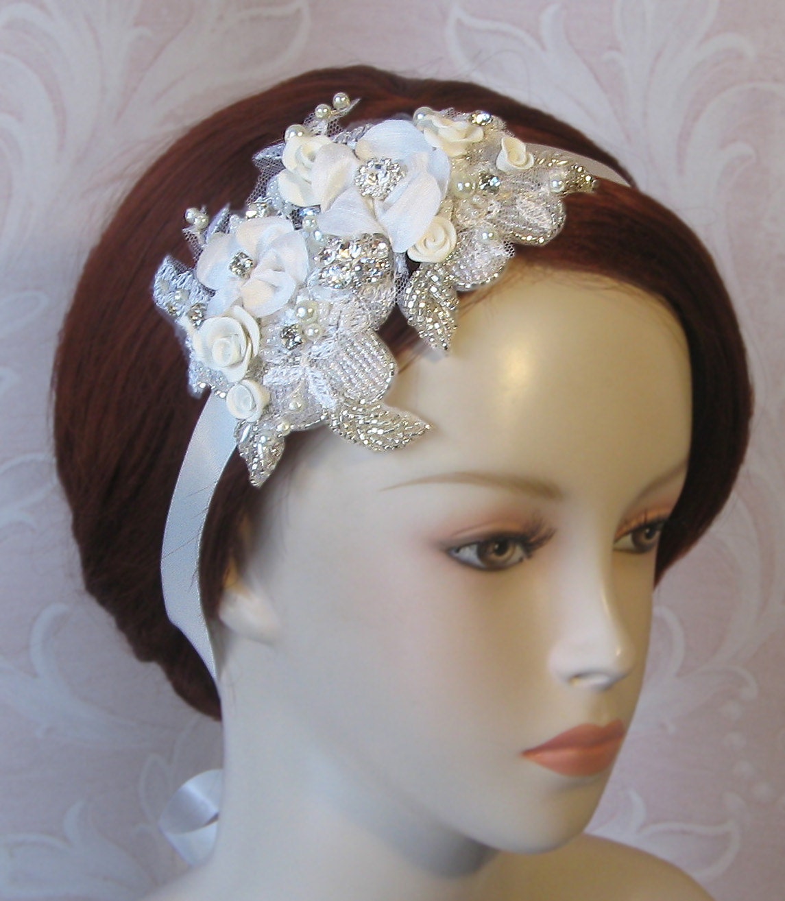 Bridal Headpiece, Headband, Wedding Head Piece, Lace, Flowers, Rhinestones and Pearls, Bridal Cap, Juliet Cap - SOPHIA