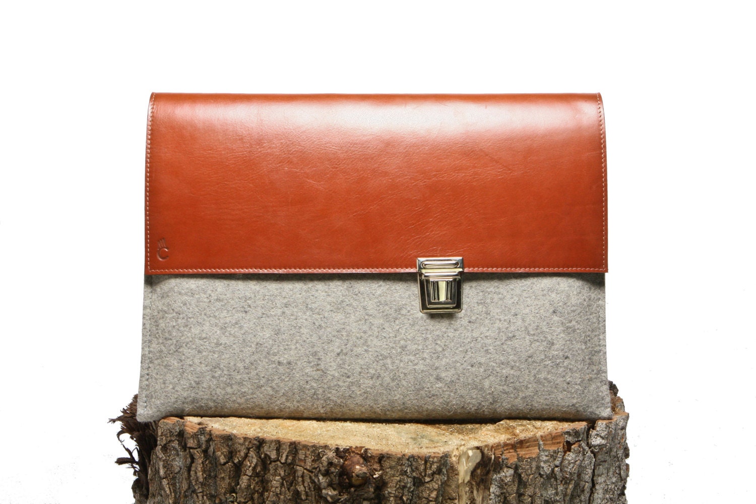 15 inch Macbook Pro Sleeve - Grey Wool Felt with Brown Leather - Laptop Case