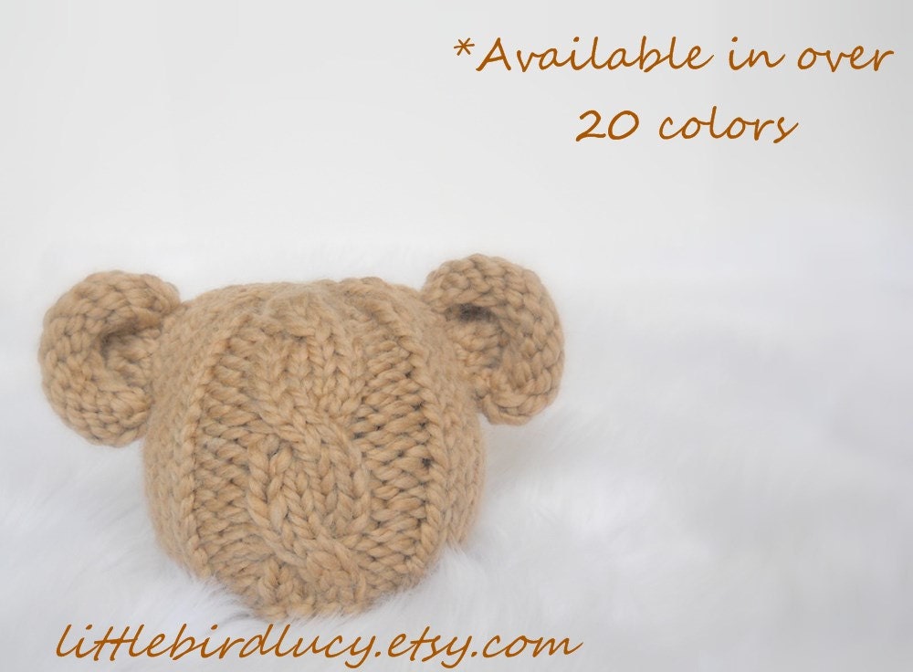 Baby Bear Hat, Cabled, Hand Knitted, Tan, Knit Newborn Infant Photo Prop, Boys Girls, U choose Color, Diaper Cover Available